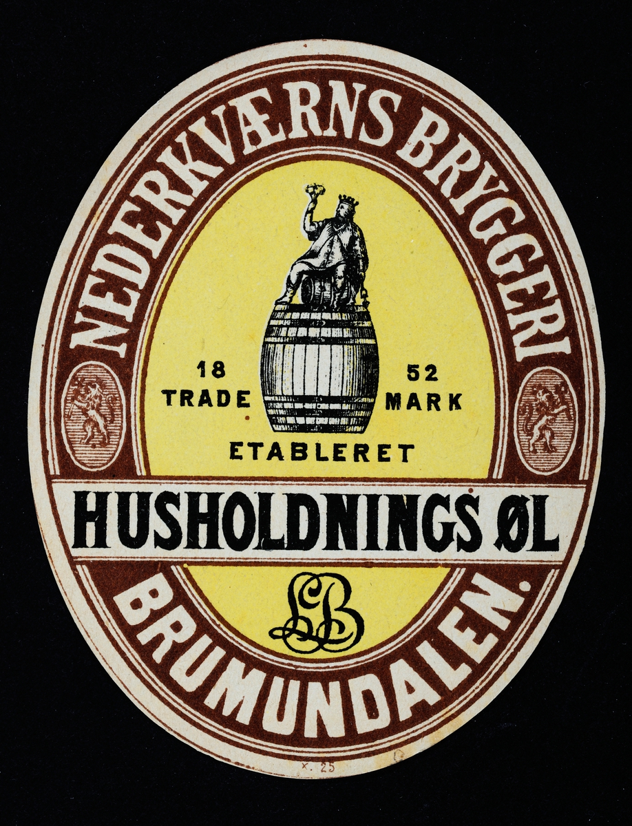 Nederkværns Bryggeri, Brumunddalen. Etikett husholdningsøl. Nerkvern Bryggeri, Brumunddal. 