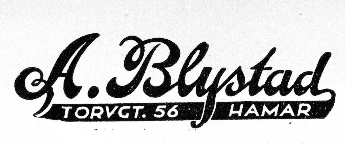 Gammel reklameplakat fra Hamar for A. Blystad, Torvgata 56. Se dig-031371. 