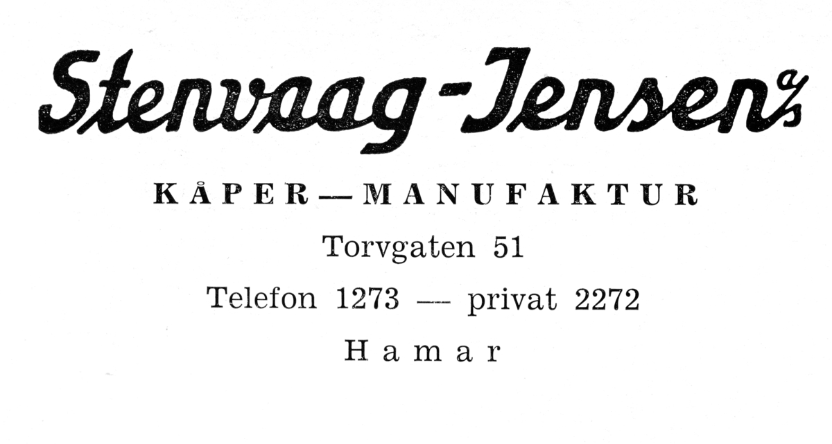 Gammel reklameplakat fra Stenvaag-Jensen i Hamar, selger av kåper-manufaktur. 