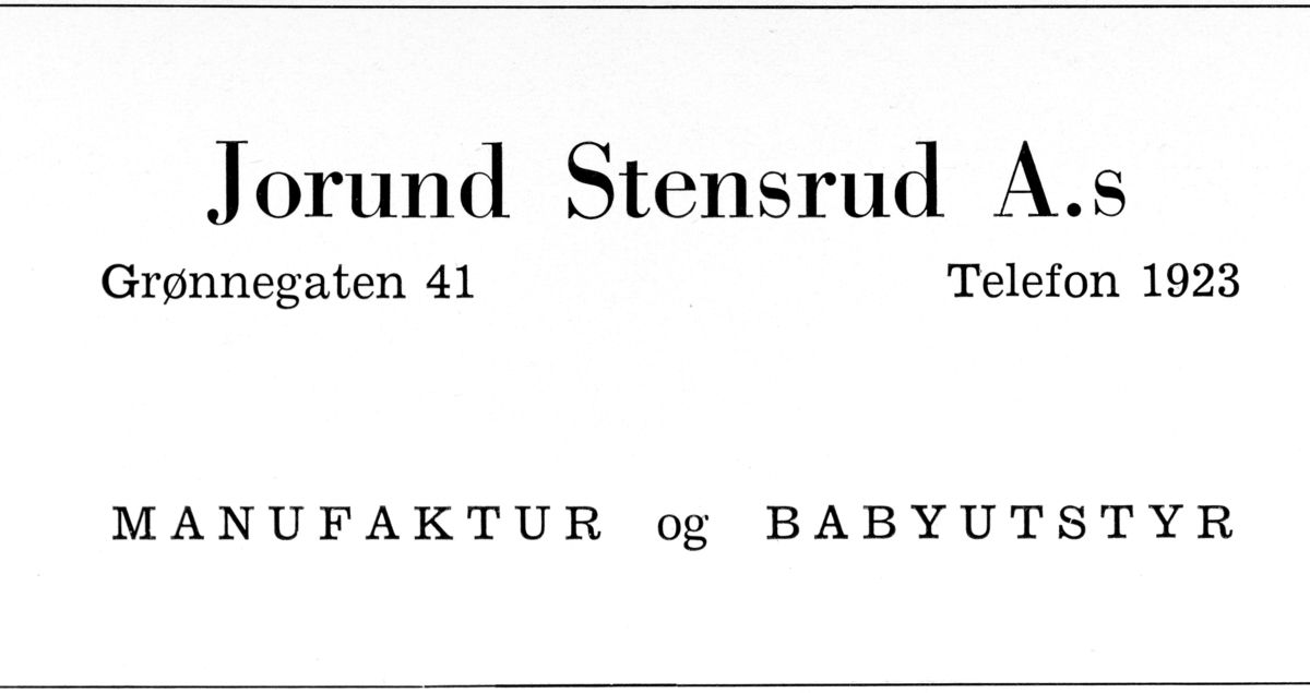 Gammel reklameplakat for Jorund Stensrud A. S i Hamar. 
Manufaktur og babyutstyr. 
