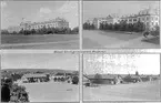 Fotomontage för vykort av kasernbyggnaden (de två övre fotona) gymnastiksalen (det nedre vänstra fotot) och de fem stallarna (det nedre högra fotot).