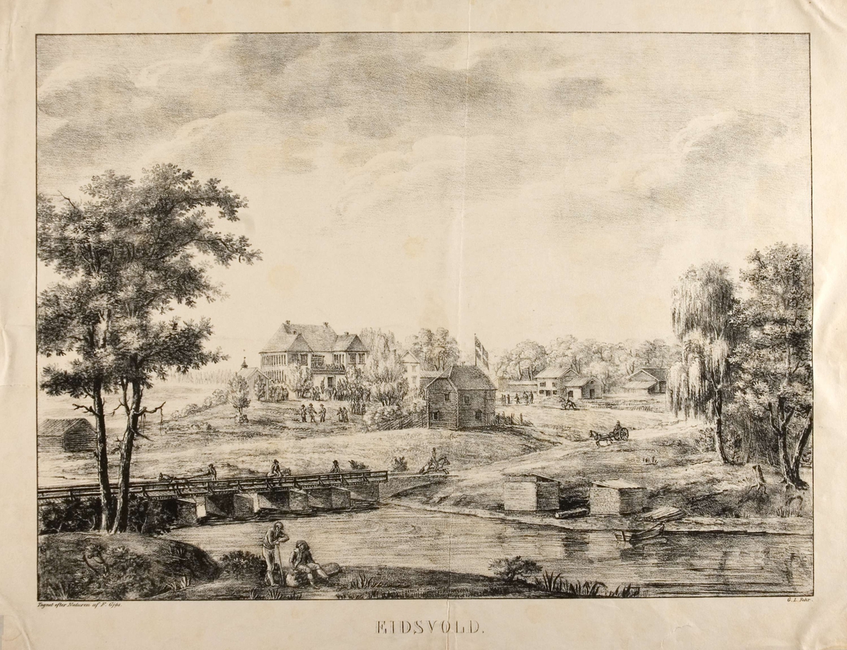 Landskap med Eidsvollsbygningen, folkeliv og bru