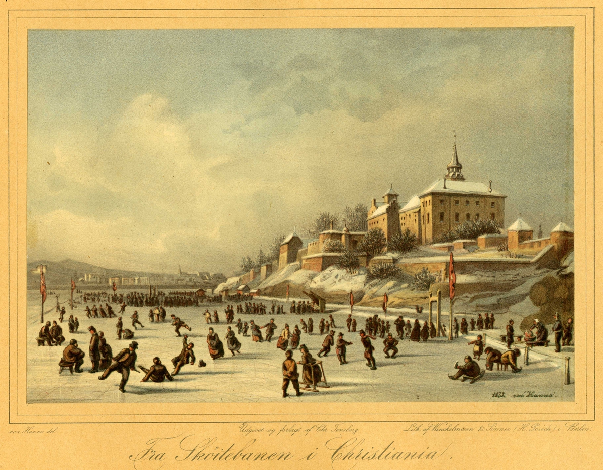 Litografi etter maleri av von Hanno. "Fra Sköitebanen i Christiania". Mennesker på skøyter under Akershus.