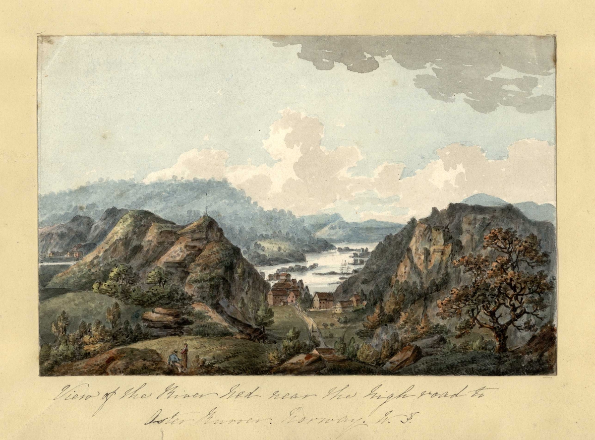Kystlandskap fra Risør, utsiktsbilde med fjord, bebyggelse og vei