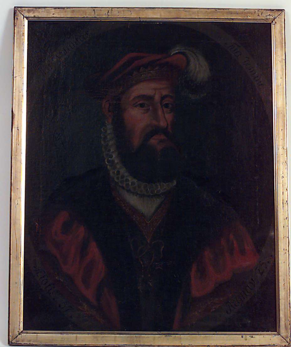 Portrett av kong Christian 3 av Danmark-Norge i drakt med pipekrage og fjærprydet hatt.