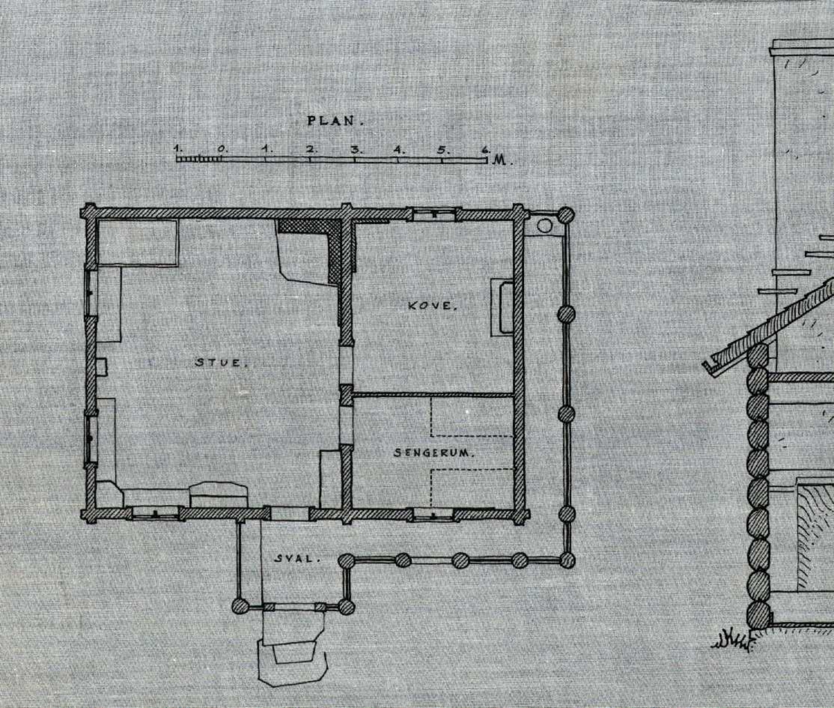 Erling Gjones tegning (1927) av stue fra Nordre Gjellerud, Flesberg, Buskerud. Plan- og snittegning.