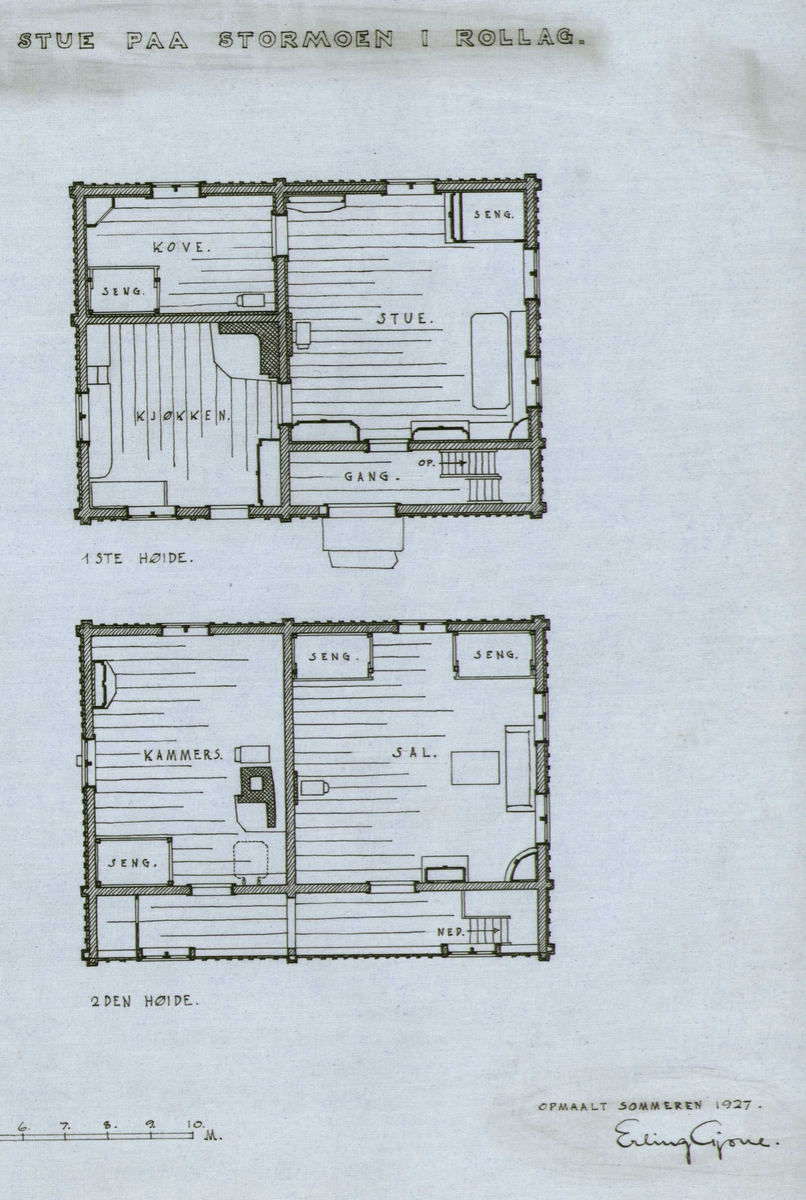 Erling Gjones tegning (1927) av stue på Storemoen i Rollag og stue på Solum i Flesberg, Buskerud. Plantegning.