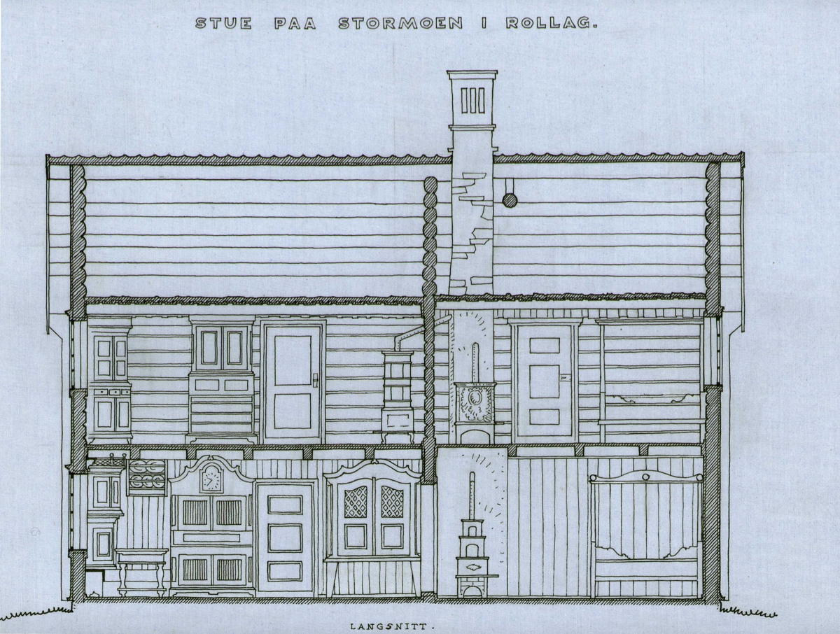 Erling Gjones tegning (1927) av stue på Storemoen i Rollag, Buskerud. Snittegning.