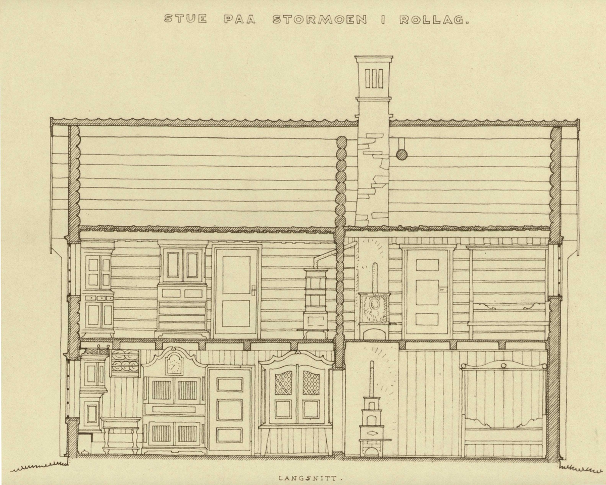 Erling Gjones tegning (1927) av stue på Storemoen i Rollag, Buskrud. Snittegning.