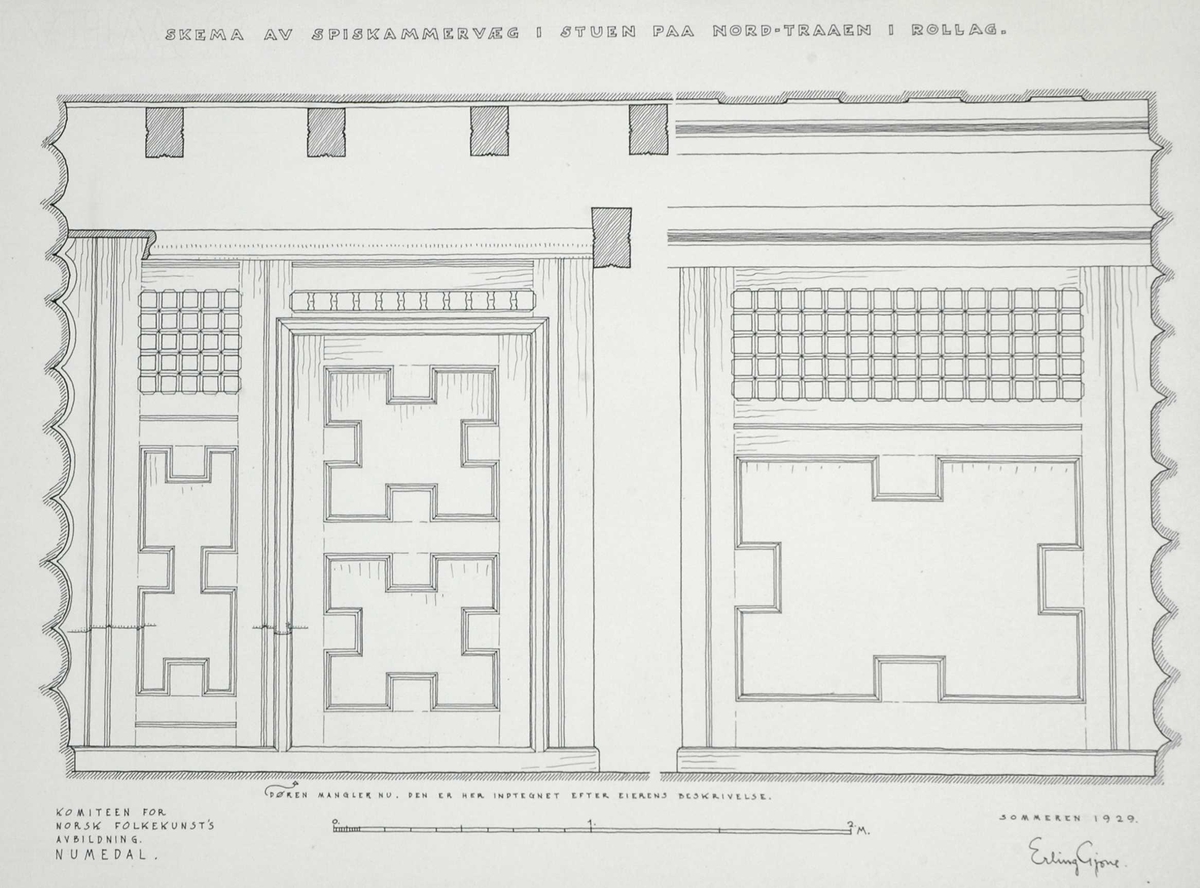 Erling Gjones tegning (1929) av spiskammersvegg i stuen på NordreTråen i Rollag, Buksrud.