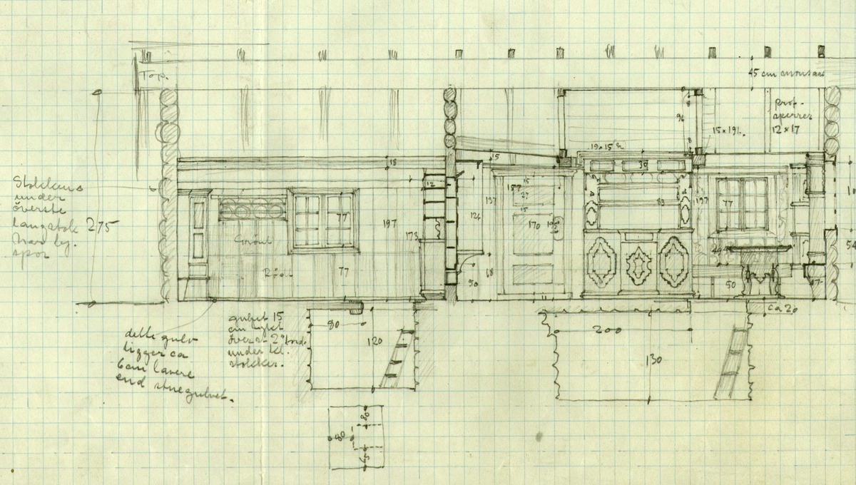 Erling Gjones forarbeid (1925) til oppmåling av stue på Nordre Sporan, Nore og Uvdal, Buskerud. Plan- og snittegning.