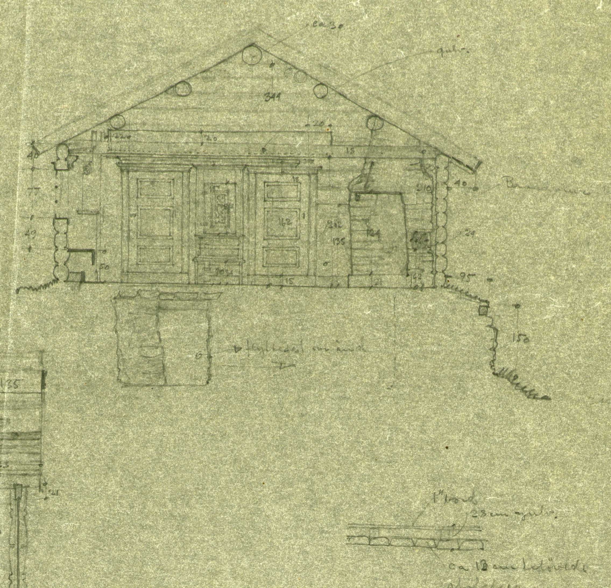 Erling Gjones forarbeid (1926) til oppmåling av nordre stue på Hvilstein i  Nore, Buskerud.