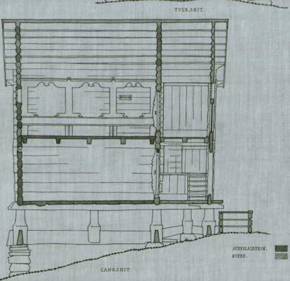 Erling Gjones tegning (1925) av loft på Søndre Skjønne i Nore og Uvdal, Buskerud. Plan- og snittegning.
 