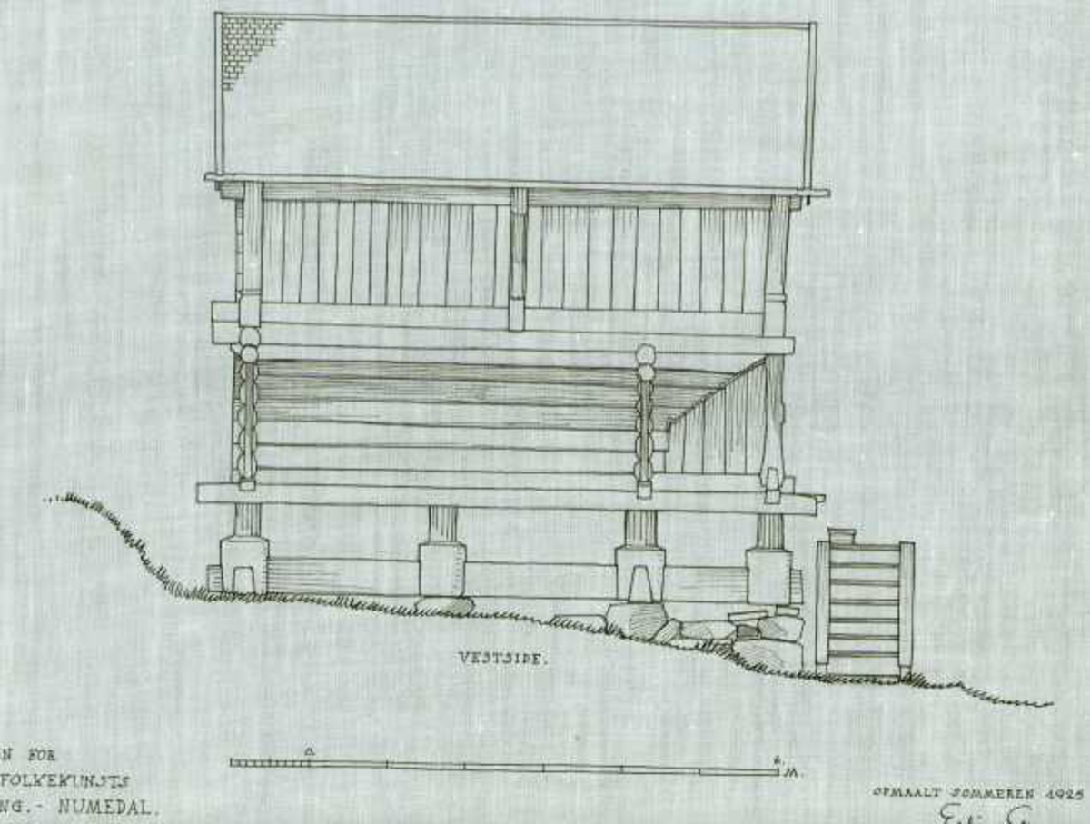 Erling Gjones tegning (1925) av loft på Tufto i Nore og Uvdal, Buskerud.