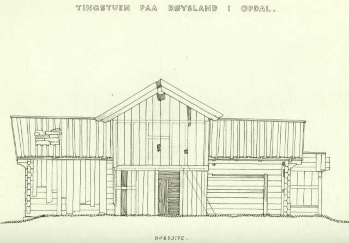 Erling Gjones tegning (1925) av tingstuen på Røysland i Nore og Uvdal, Buskerud. Snittegning.
