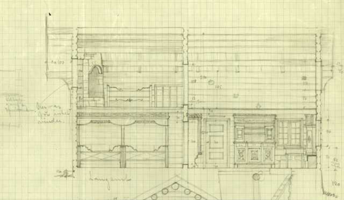 Erling Gjones tegning (1925) av stue, Gallaker, Nore og Uvdal, Buskerud. Plan- og snittegning.