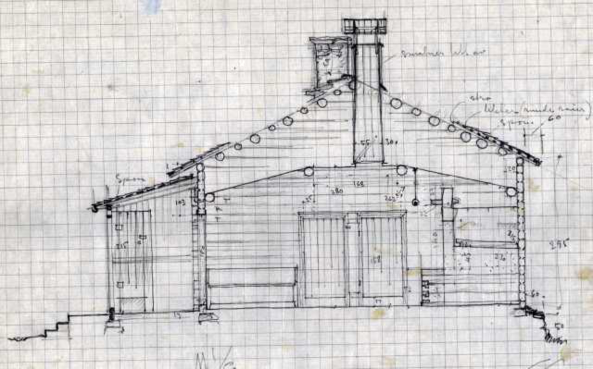 Erling Gjones tegning (1935) av stue, Ryen, Grue, Finnskog, Hedmark. Plan- og snittegning.