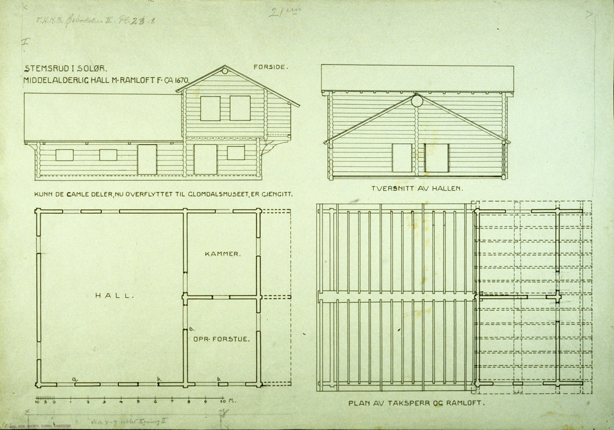 Johan Meyers tegning (1935) av middelaldrig hall med ramloft fra ca. 1670, Stemsrud, Solør, Grue, Hedmark. Nå på Glomdalsmuseet. 
Plan- og snittegning.