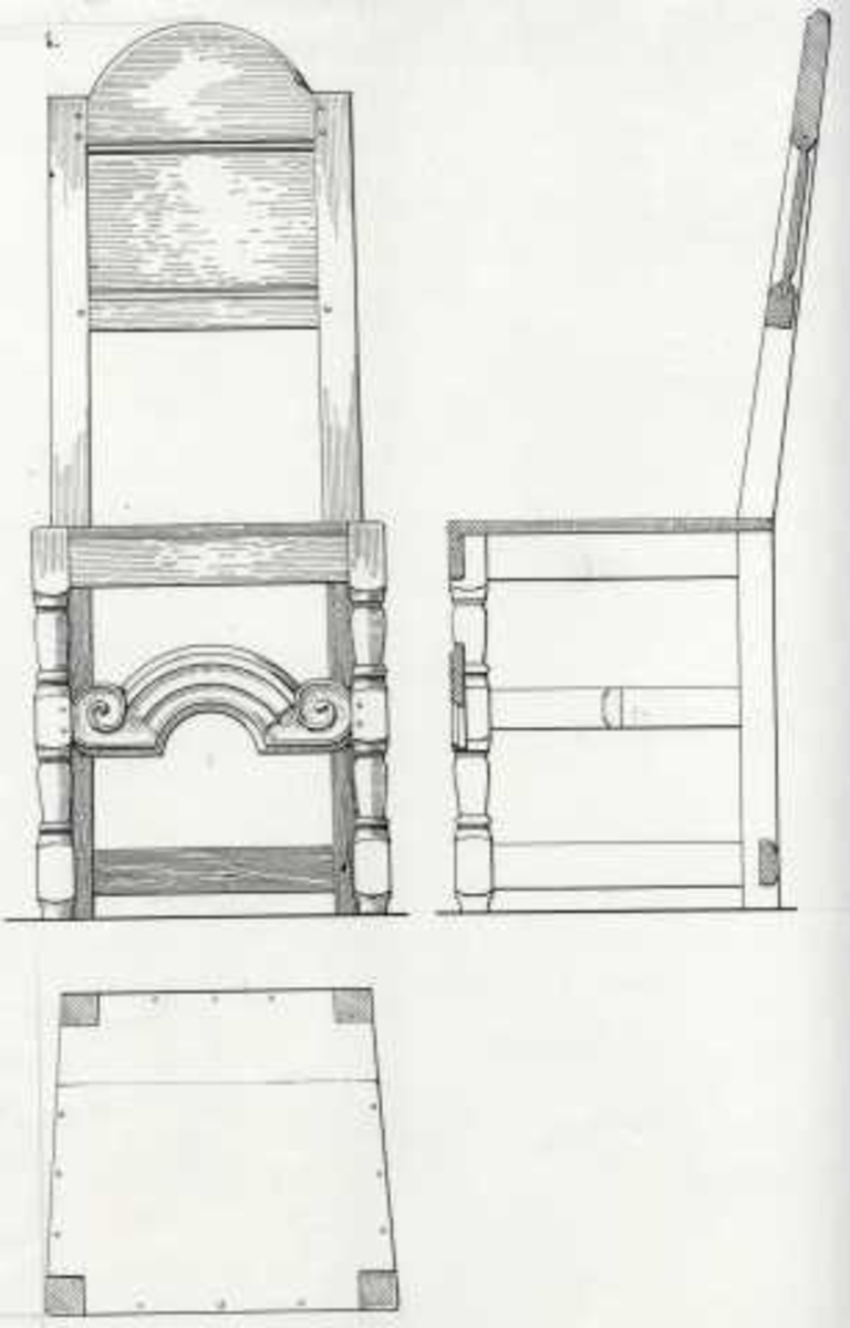 Johan J. Meyers tegning (1935) av stoler fra Vesterhaug, Elverum, Hedmark. Nå på Glomdalsmuseet.