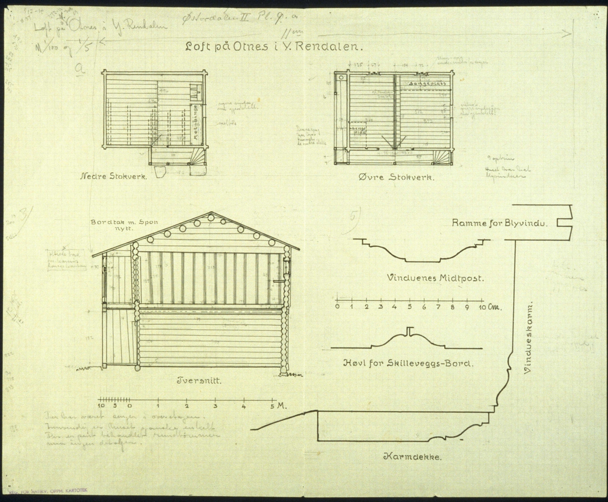 Tegning av loft, Nordstu Otnes, Ytre Rendalen, Hedmark. Plan- og snittegning.