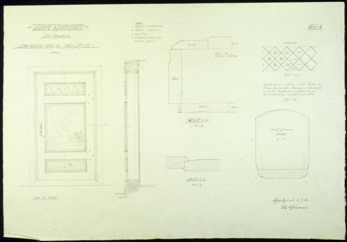 Ole Halvorsens tegning (1920) av dør, bord og profiler, Søndre Bjøntegård, Øvre Rendal, Rendalen, Hedmark.