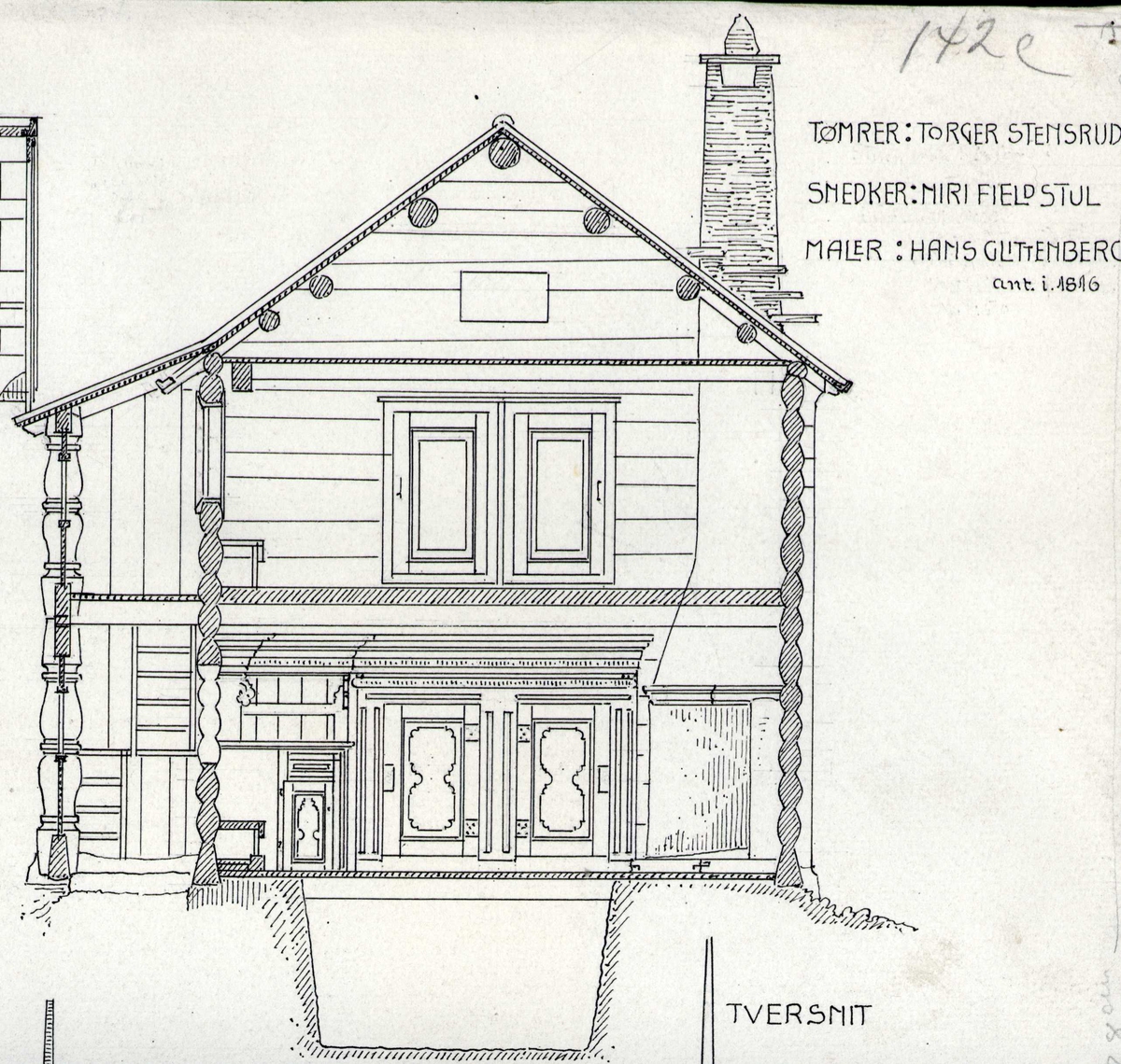 Johan J. Meyers tegning (1909) av langsnitt, tverrsnitt og grunnplan for hovedbygning fra 1805, Sisjord, Hjartdal, Telemark.
