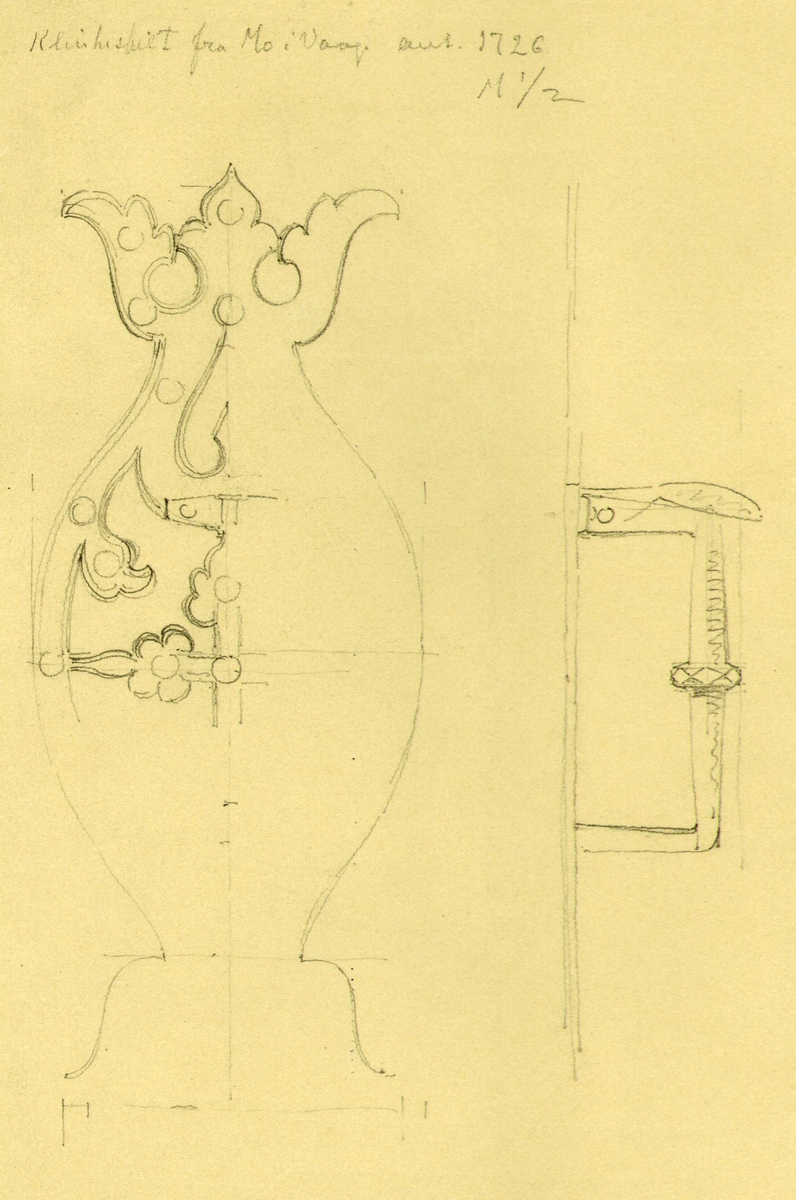Johan Meyers tegning (1909) av bord og dørklinke ant. fra 1726, Mo, Vågå. Oppland.