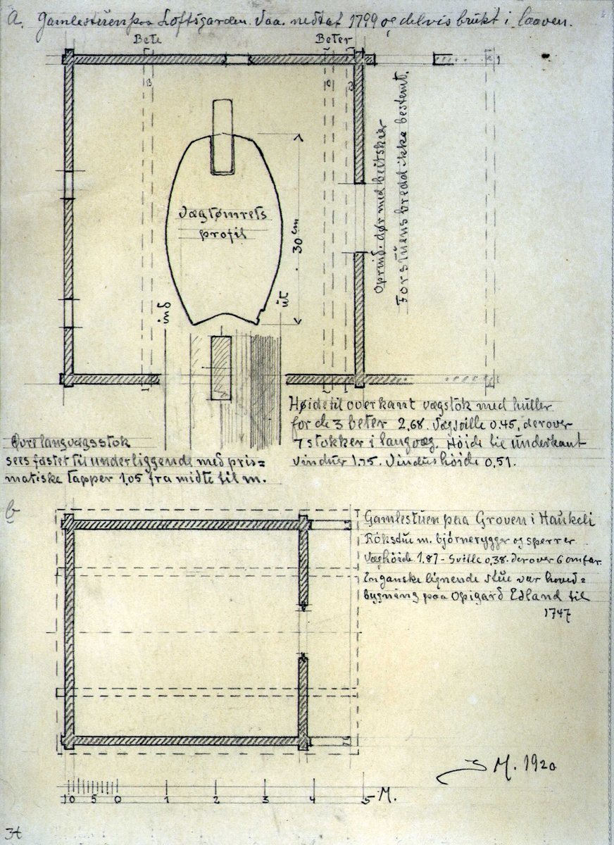 Johan J. Meyers tegninger (1919-1921) av div. bygningsdetaljer på forskjellige gårder i Vinje, Telemark.

1 a) Plantegning av gamlestuen, nedtatt 1799 og delvis brukt i låven, Loftsgarden, Vinje, Telemark.
1 b) Gamlestuen på Groven, Vinje, Telemark.
2. Hovedbygningen, oppsatt ca. 1800, Groven, Vinje, Telemark.
3. Gjestestue, Norgarden, Vinje, Telemark.
4. Hovedbygning, Botne, Vinje, Telemark. Stuen bygd ca. 1700, andre etg. påbygd 1802.
5. Peis, Gugarden, Vinje, Telemark.
6. Plantegning av gjestestue og stue, Gardsjord, Rauland, Telemark.
7 og 8. Plantegning av stue, datert 1747, Edland, Vinje, Telemark.
