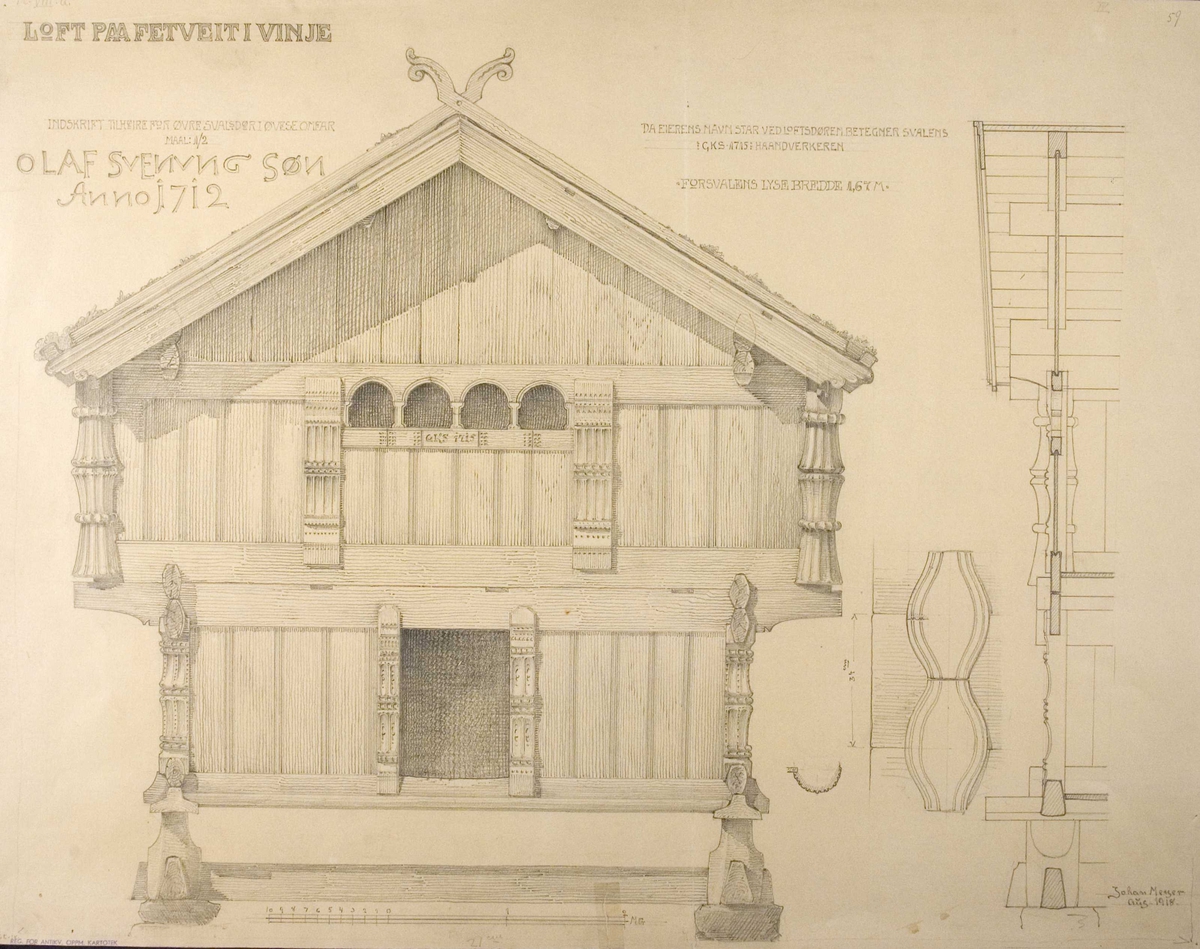 Johan J. Meyers tegning (1918) av loft, datert 1712, Fetveit, Vinje, Telemark.