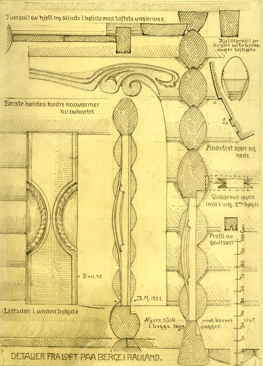 Johan J. Meyers tegninger (1920-1921) av diverse  bygningsdetaljer på forskjellige gårder i Vinje, Rauland, Telemark. 
1. Oversikt over alle tegningene.
2-3. Detaljer fra loft, Negarden, Vinje, Telemark.
4. Detaljer fra loft, Nystog, Rauland, Vinje, Telemark.
5. Detaljer fra loft, Berge, Rauland, Vinje, Telemark.
6-7. Detaljer fra loft, Midtgarden, Rauland, Vinje, Telemark.