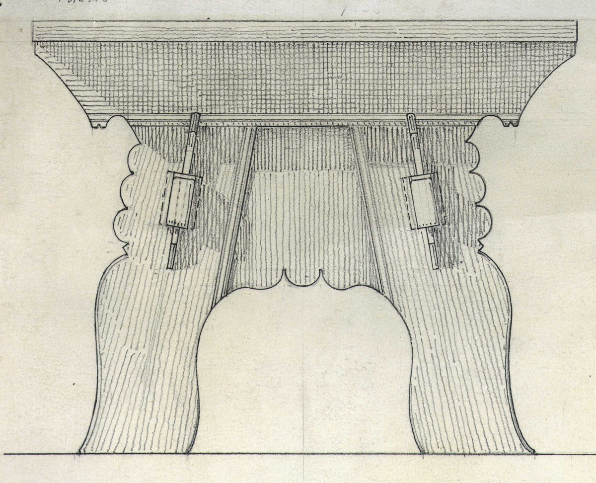 Johan J. Meyers tegning (1922) av 
1-2.Bord datert 1736, fra Midtgarden, Nedre Birtedalen, Fyresdal, Telemark. 
3-4.Seng fra loft, Tovslid, Fyresdal, Telemark. 

