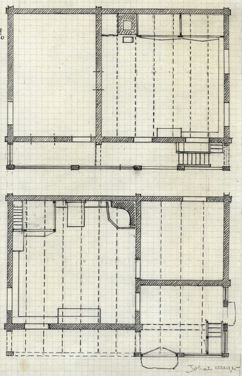 Johan J. Meyers tegning av grunnplan og tverrsnitt på våningshus bygget 1802, Tveiten, Høydalsmo, Tokke, Telemark. 
