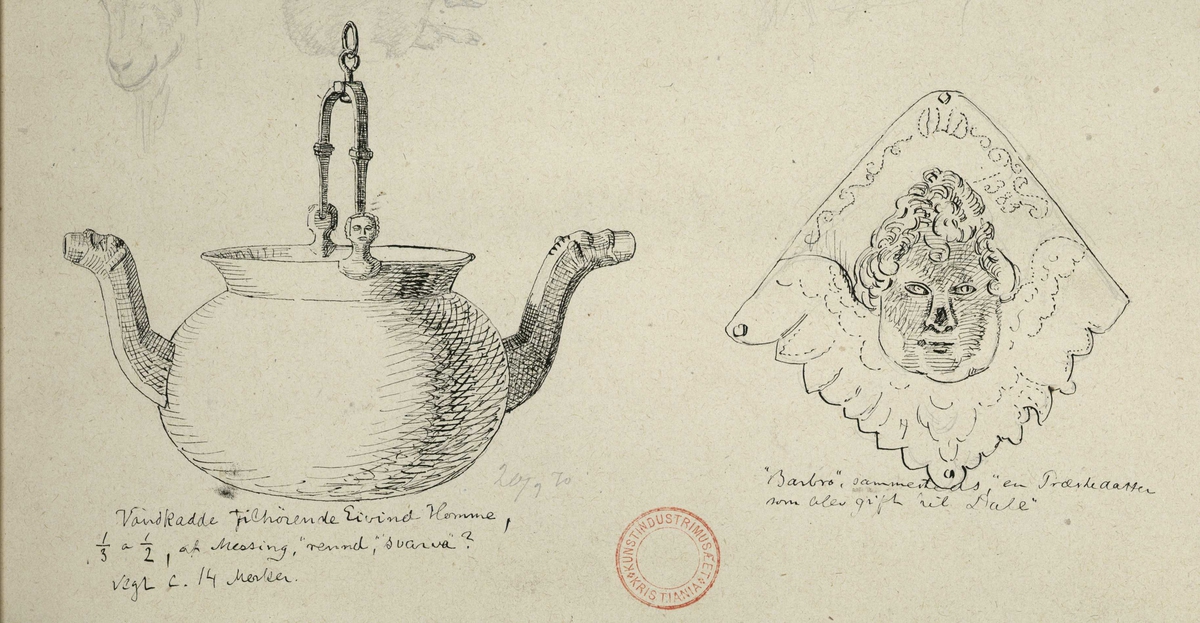 August Schneiders tegning av vannkanne og beslag i messing, Søndeled, Risør, Aust-Agder.
