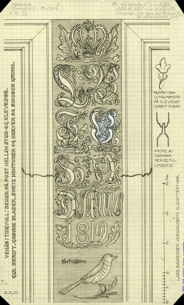 Johan J. Meyers tegning (1937) av dekor på post mellom stue- og klevedør samt profiler, Venås, Tingvoll, Møre og Romsdal.