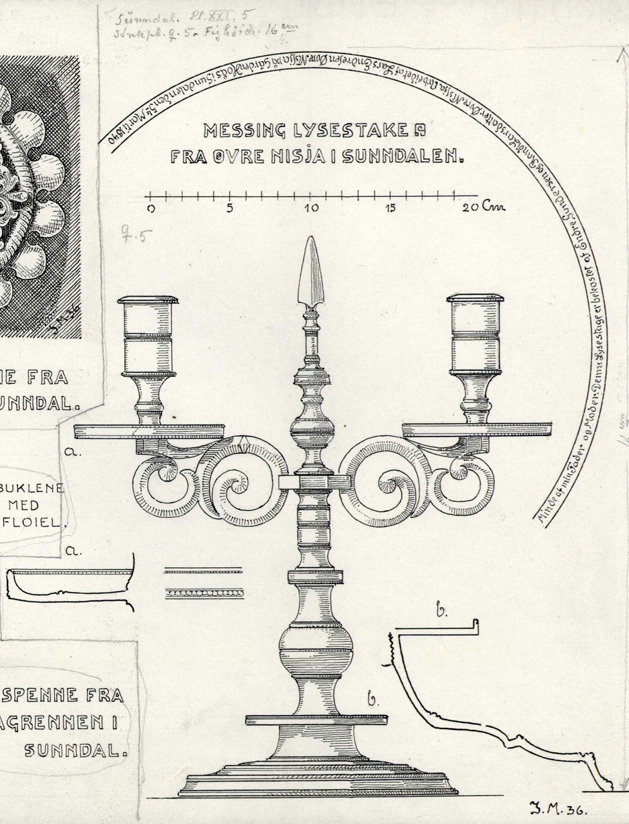 Johan J. Meyers tegning (1936) av : 1. Lysestake i messing, Øvre Nisja, Sunndal, Møre og Romsdal. 2. Sølvspenne, Gravem, Sunndal, Møre og Romsdal. 3. Sølvspenne, Gjøragrennen, Sunndal, Møre og Romsdal.