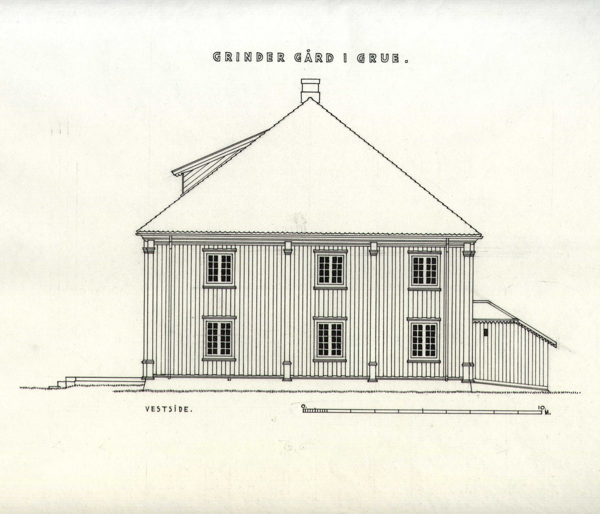 Erling Gjones tegning av hovedbygningens fasade mot vest, Grinder, Grue, Hedmark. Oppmålt 1935.
