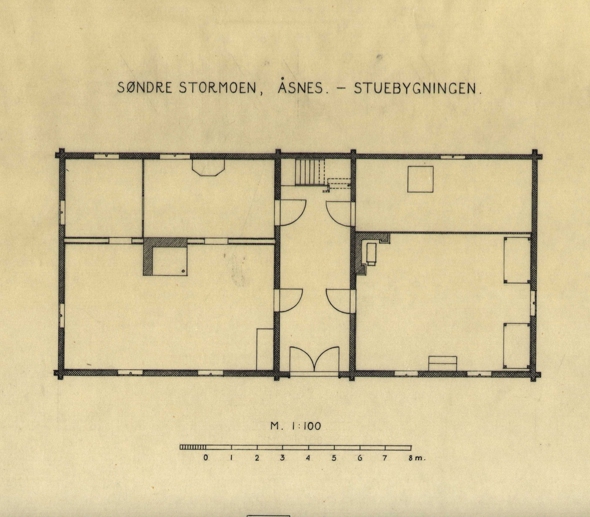 Erling Gjones tegning (1934) av stuebygning, Søndre Stormoen, Åsnes, Hedmark. 