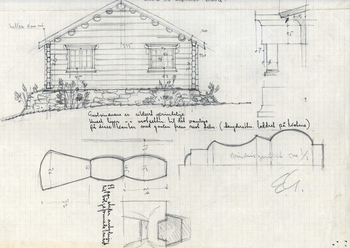 Erling Gjones oppmålingstegning av oppstue, "Bekkastua",  Lo,  Oppdal, Sør-Trøndelag. 