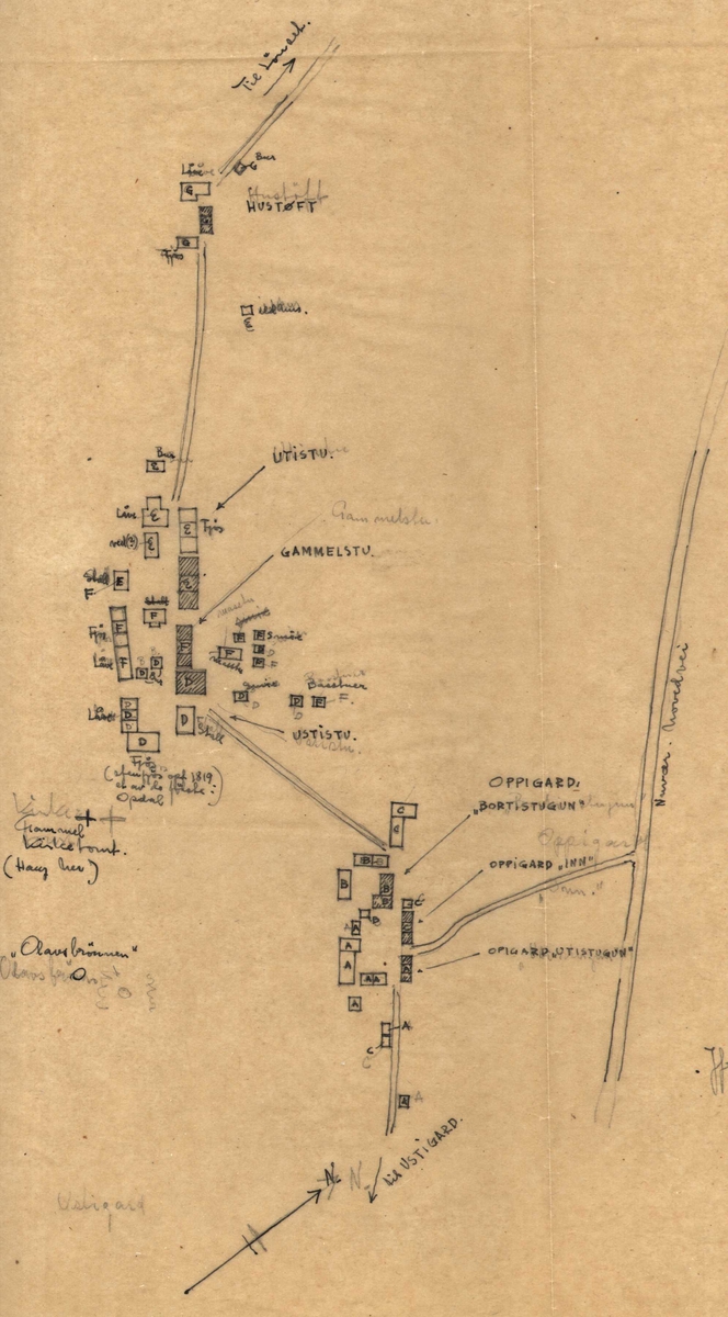 Situasjonskart fra 1861 over gårdene Hustøftet og  Ålbu, Oppdal, Sør-Trøndelag.