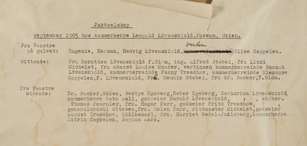 Jaktselskap september 1905 hos kammerherre Leopold Løvenskiold, Fossum (1859-1922)
