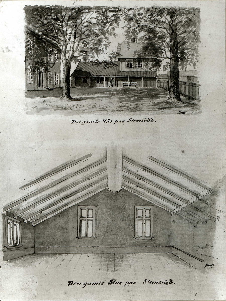 Stemsrud, Grue, Hedmark. Avfotografert tegning av prost Brochmann i kaldsboken til Grue, 1881. Den gamle stue på Stemsrud, nå Glomdalsmuseet.