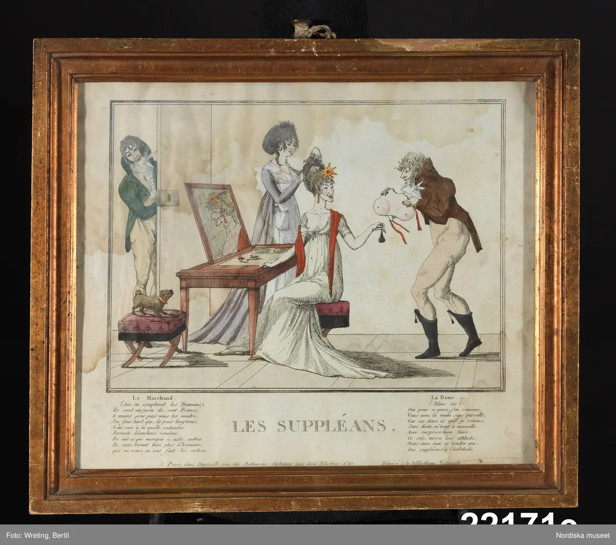 Huvudliggaren:
"Taflor. Broderade. a. Les Graces Villageoises b. Les Graces Poissardes c. Le Debiteur a la mode d. Les Joueures a la mode e. Les Suppléans. G. af enkefru K. Grapengiesser 8/10 1878."