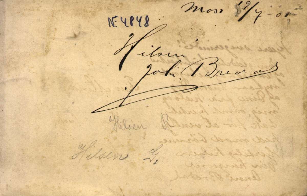 Postkort. Flere partier fra Moss. Dronningens gate, kanalen og Moss sette fra Jeløya. Datert 19.07.1901