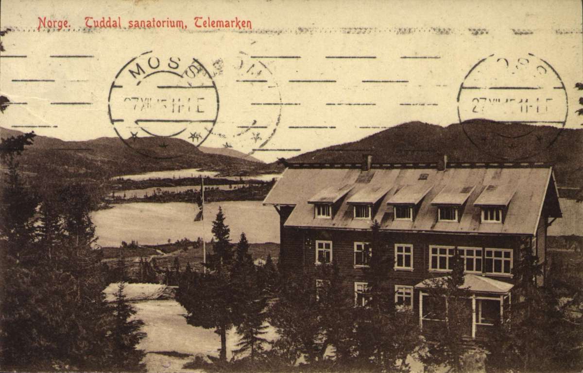 Postkort. Jule- og nyttårshilsen. Fotografisk motiv. Svart/hvitt. Landskap med Tuddal Sanatorium i forgrunnen. Vann. Datert 22.12.1915.