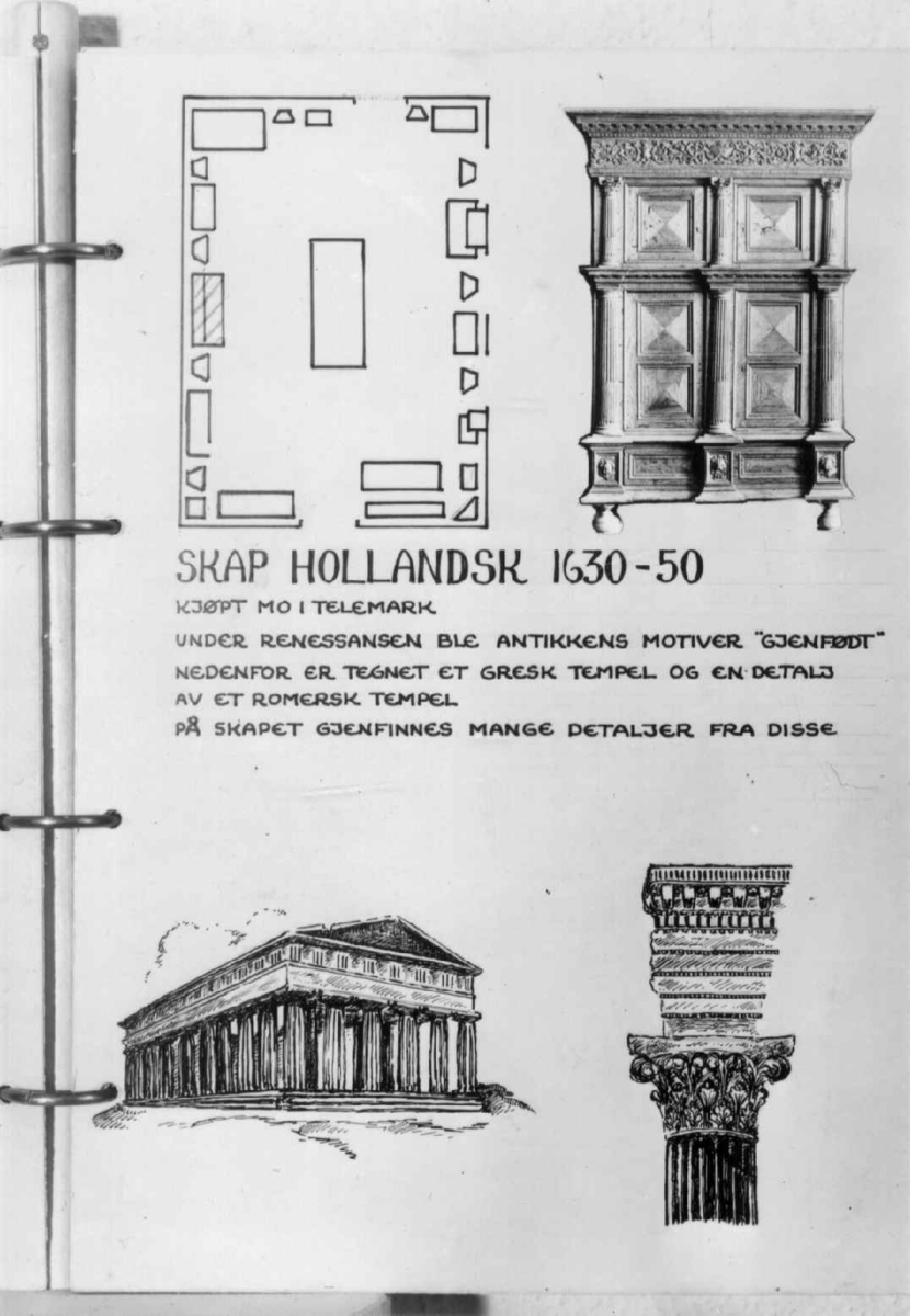 Illustrert fører over renessanse-rommet i Bysamlingen på Norsk Folkemuseum. Komponert av S. Molaug, tegnet av K. Sevåg. 1952. Illustrert hollandsk skap.