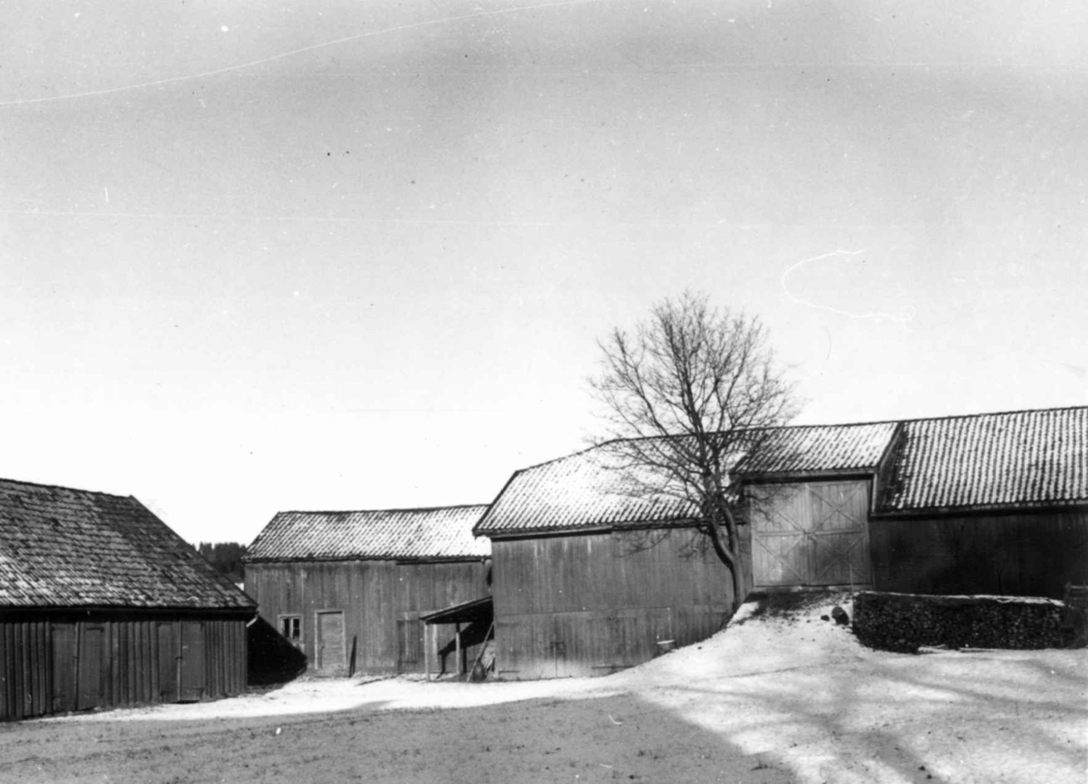 Blindern gård, Oslo 1953. Gårdsplass og uthus, vinterbilde. Dr. Engelstads storgårdsundersøkelser.