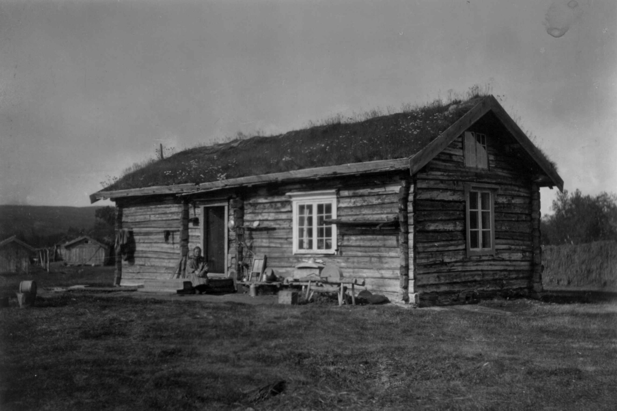 Stue eller bolig i laftet tømmer og med torvtak, uthusbygninger i bakgrunnen. En kvinne sitter på trappen til inngangsøren. Alleknjarg 1899.