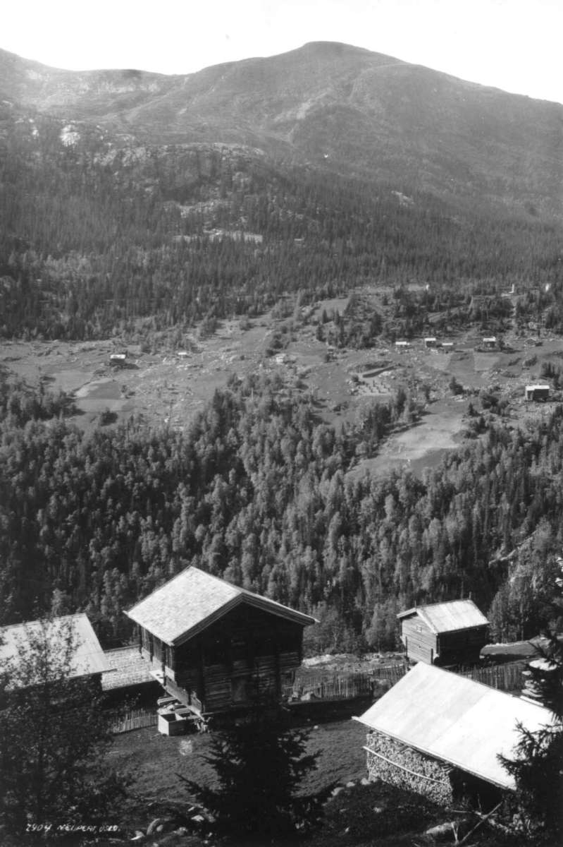 Rollag - Buskerud? 1930. Oversiktsbilde. Gårdstun med loft i forgrunnen. Landskap med gårder, skog og fjell i bakgrunnen.