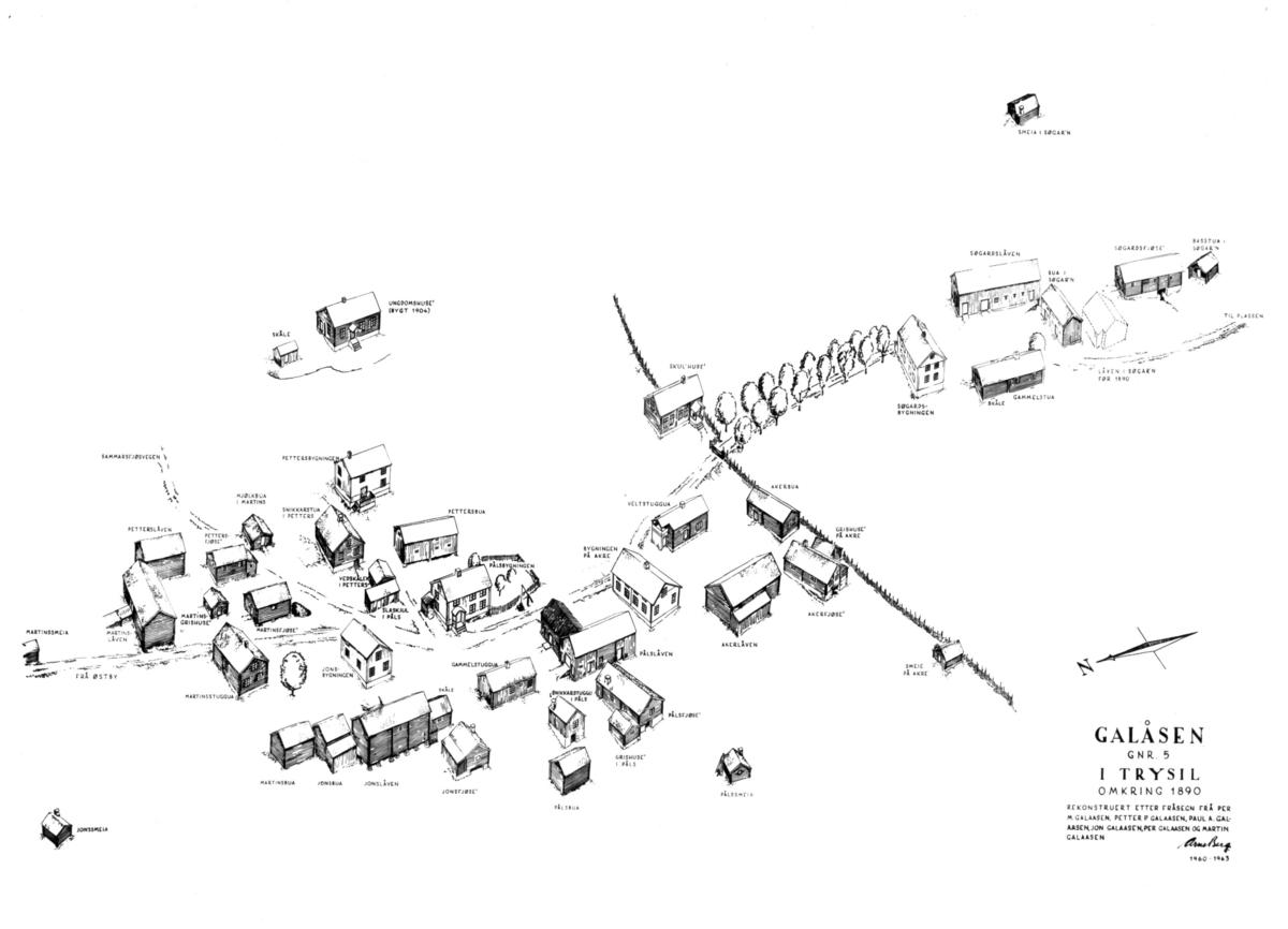 Galåsen, Trysil, Sør-Østerdal, Hedmark. Oversiktstegning over gårdstunet som det var ca. 1890.