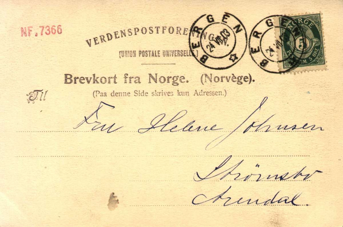 Postkort. Byging fra Bergen. Håndkolorert. Stemplet 24.07.1903